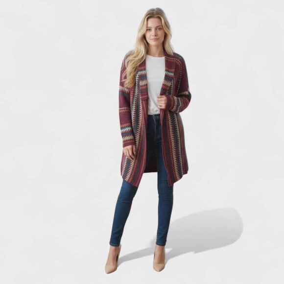 ONE WORLD Women's Open Front Cardigan Medium Acrylic Maroon Boho Zigzag Cozy - Picture 1 of 7
